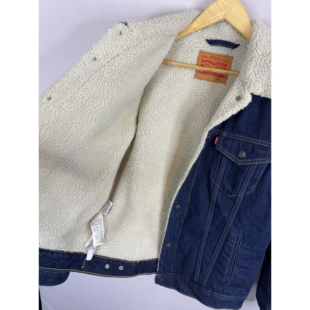 Levis Mens Type 3 Sherpa‎ Trucker Jacket Dark Wash Indigo Denim Large 16365-0075